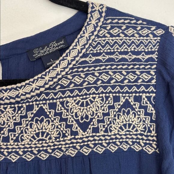 Lucky Brand Dark Blue Embroidered bohemian short sleeve casual Dress Women LG - Picture 6 of 12